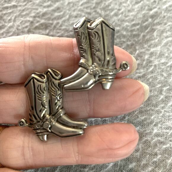 Vintage Jewelry - Vintage Cowboy Boot Clip-On Earrings Western Cowgirl Theme Silver Tone w/ Spurs